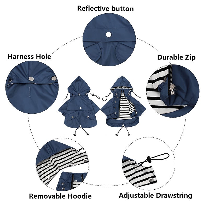 Morezi Dog Zip Up Raincoat with Reflective Buttons, Rain/Water Resistant, Adjustable Drawstring, Removable Hood, Raincoats with Legs 8lbs to 80lbs Available - Dark Blue - Medium - Image 3